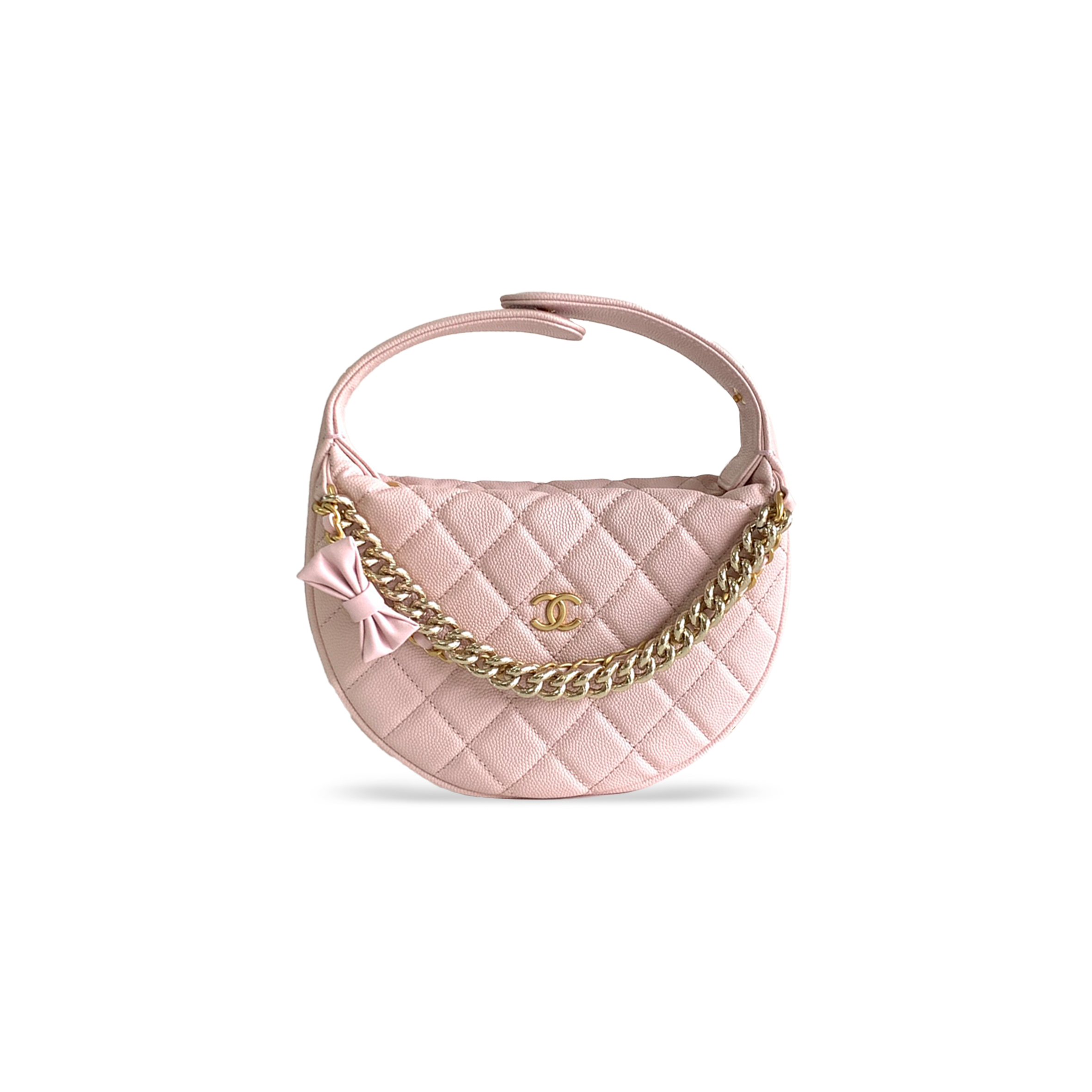 Ch*el shiny caviar quilted bow pouch hobo light pink 1470677 (19*13*4cm)